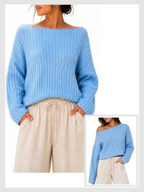 LA Hearts Julie Slouchy Cropped Sweater Blue Ribbed Knit Relaxed Fit S